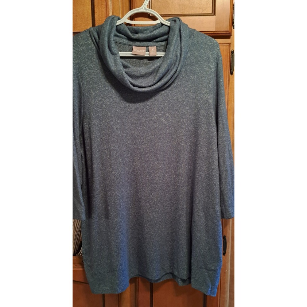 Chicos Cowl Neck Lightweight Knit Sweater Pockets 3/4 Sleeve Gray Blue Size 2